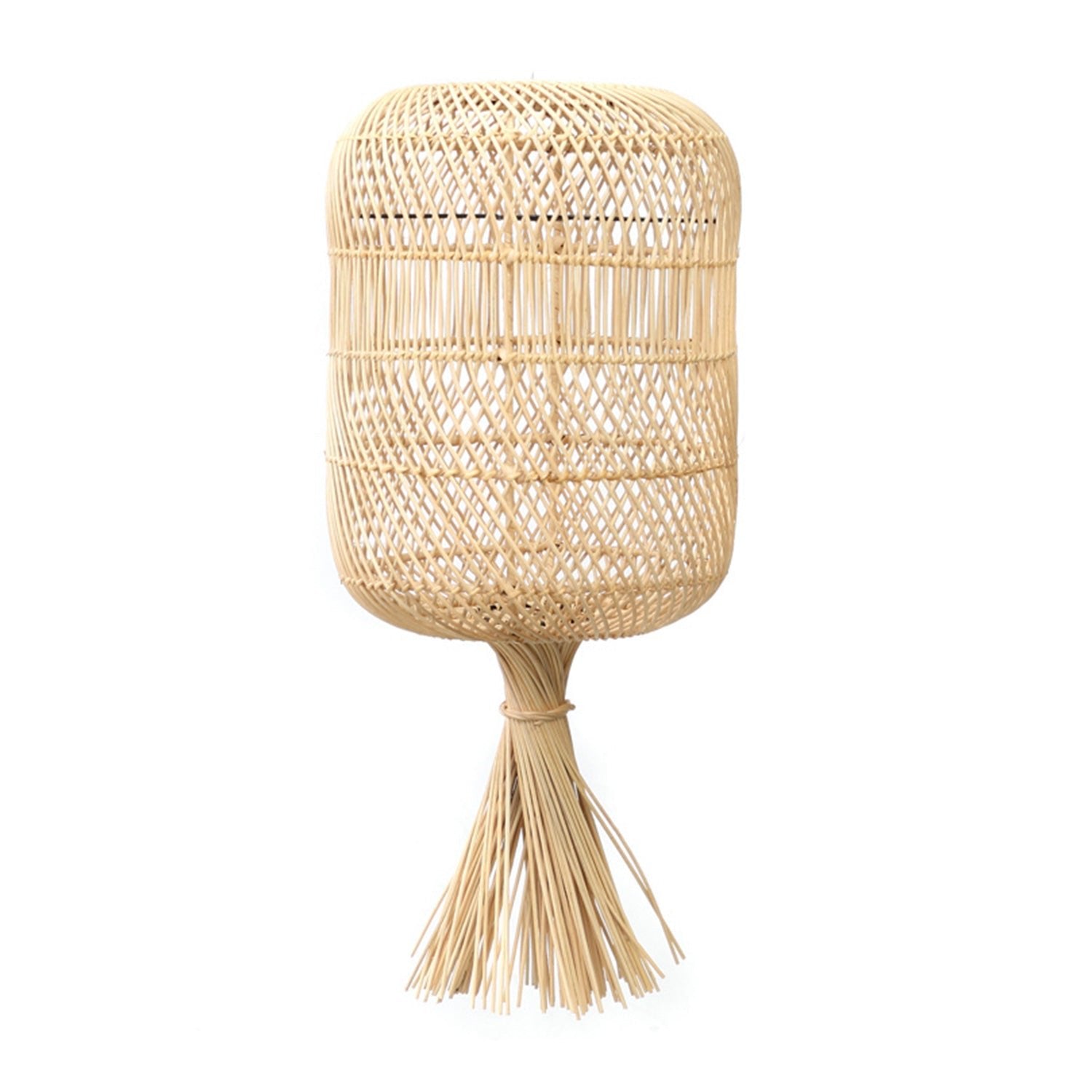 Natuurlijke rotan lampenkap met geweven patroon en decoratieve kwastjes aan de onderzijde.