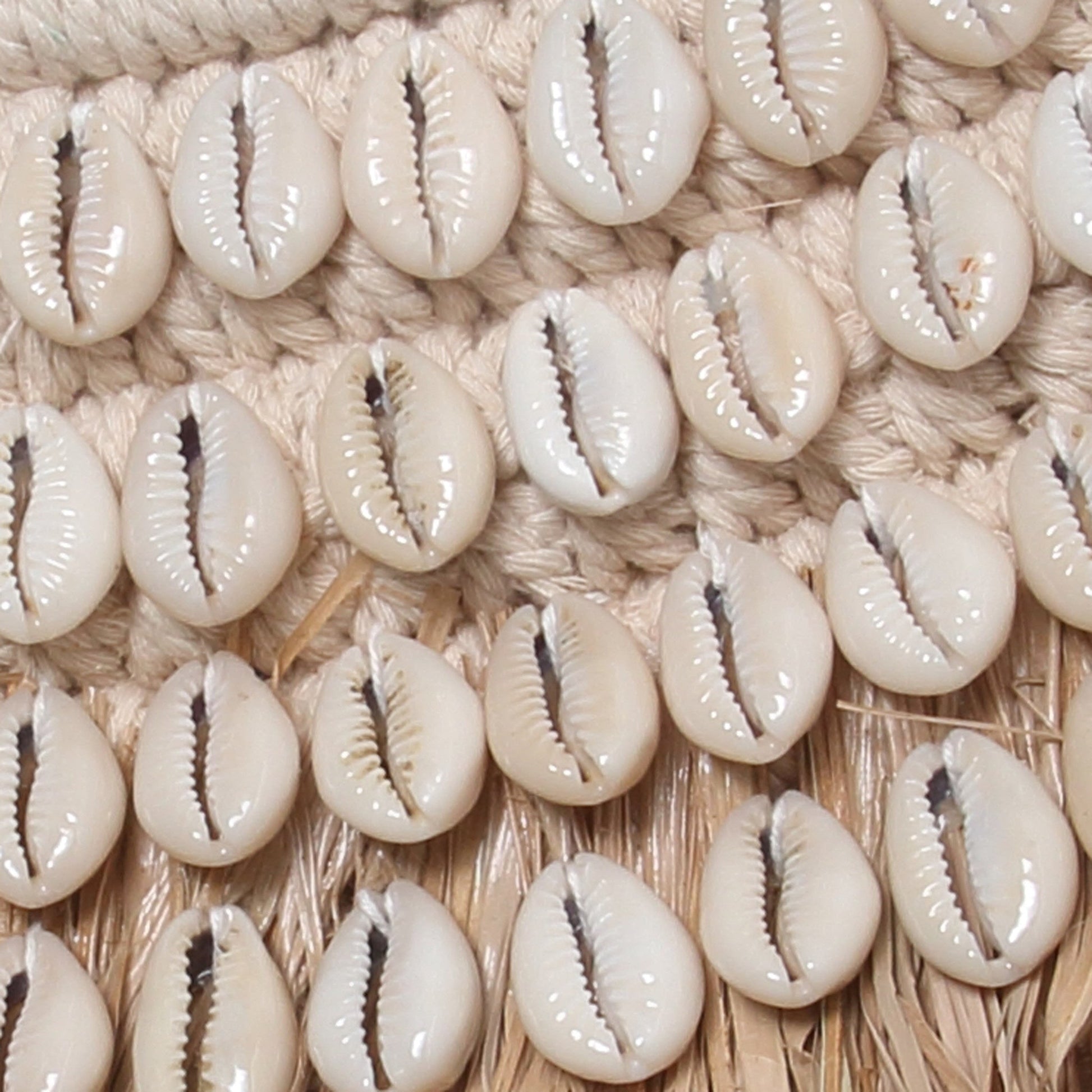 Glanzende crème-kleurige kauri-schelpen netjes gerangschikt op een geweven beige achtergrond.