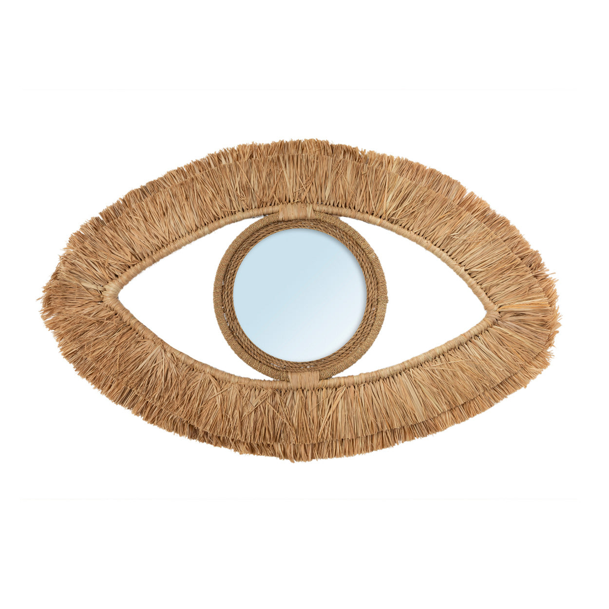 Oogvormige spiegel met natuurlijk raffia frame en ronde spiegel in het midden, rustieke en creatieve uitstraling.