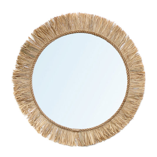 Ronde spiegel met een natuurlijke jute rand, stralend en reflecterend, ideaal voor een bohemien interieur.