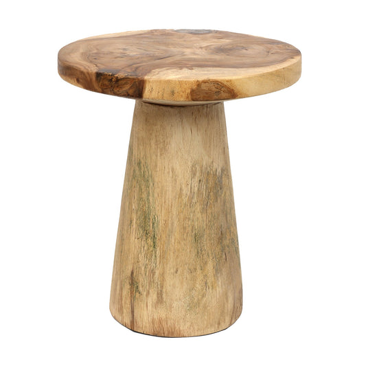 Massieve houten salontafel met robuuste nerftextuur, conische voet en glad rond blad.