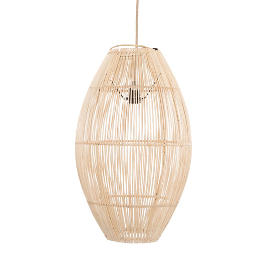 Elegante hanglamp van natuurlijke rotan, opengewerkte structuur met koordophanging en zachte verlichting.