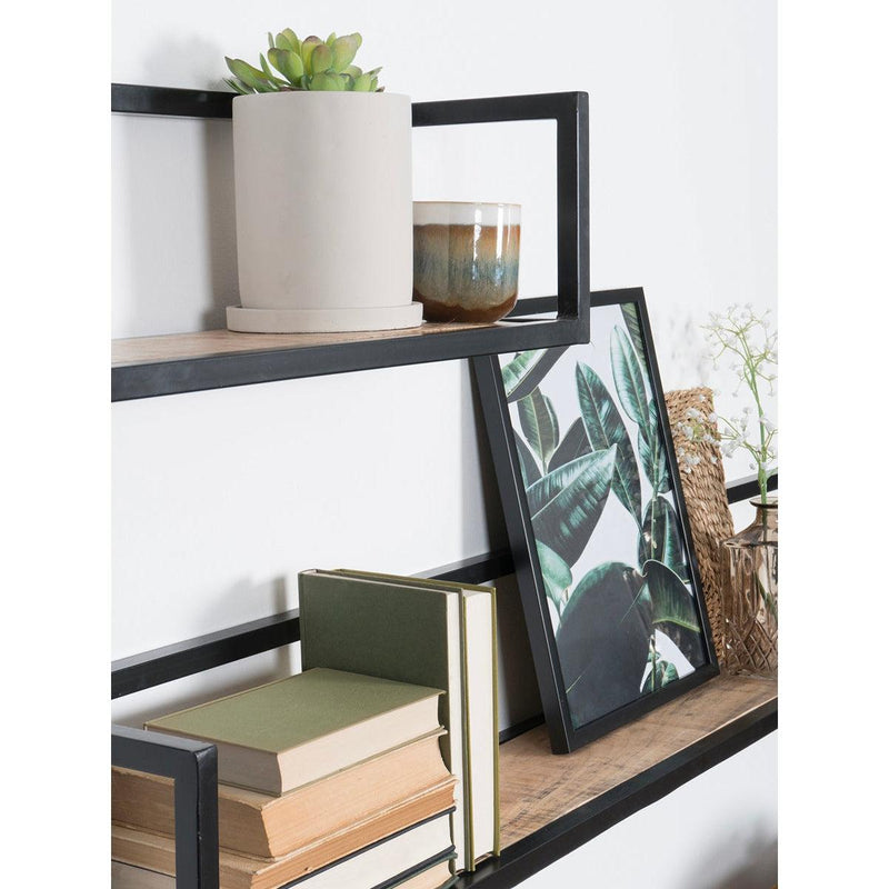 Planten en boeken op een moderne zwarte plank met een ingelijste foto van groene bladeren.