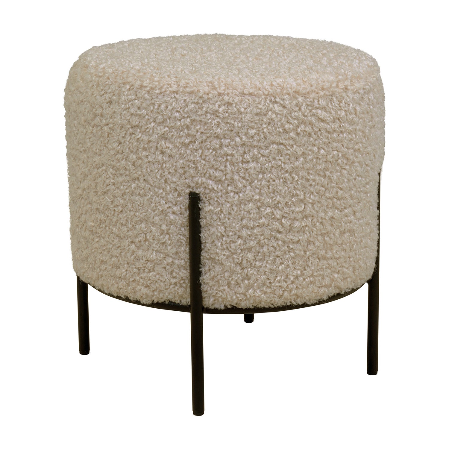 Ronde beige poef met zachte textuur, ondersteund door slanke zwarte metalen poten, elegant en modern ontwerp.
