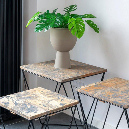 Beige plantenbak met groene bladeren op een moderne bijzettafel, metalen poten en rustieke uitstraling.