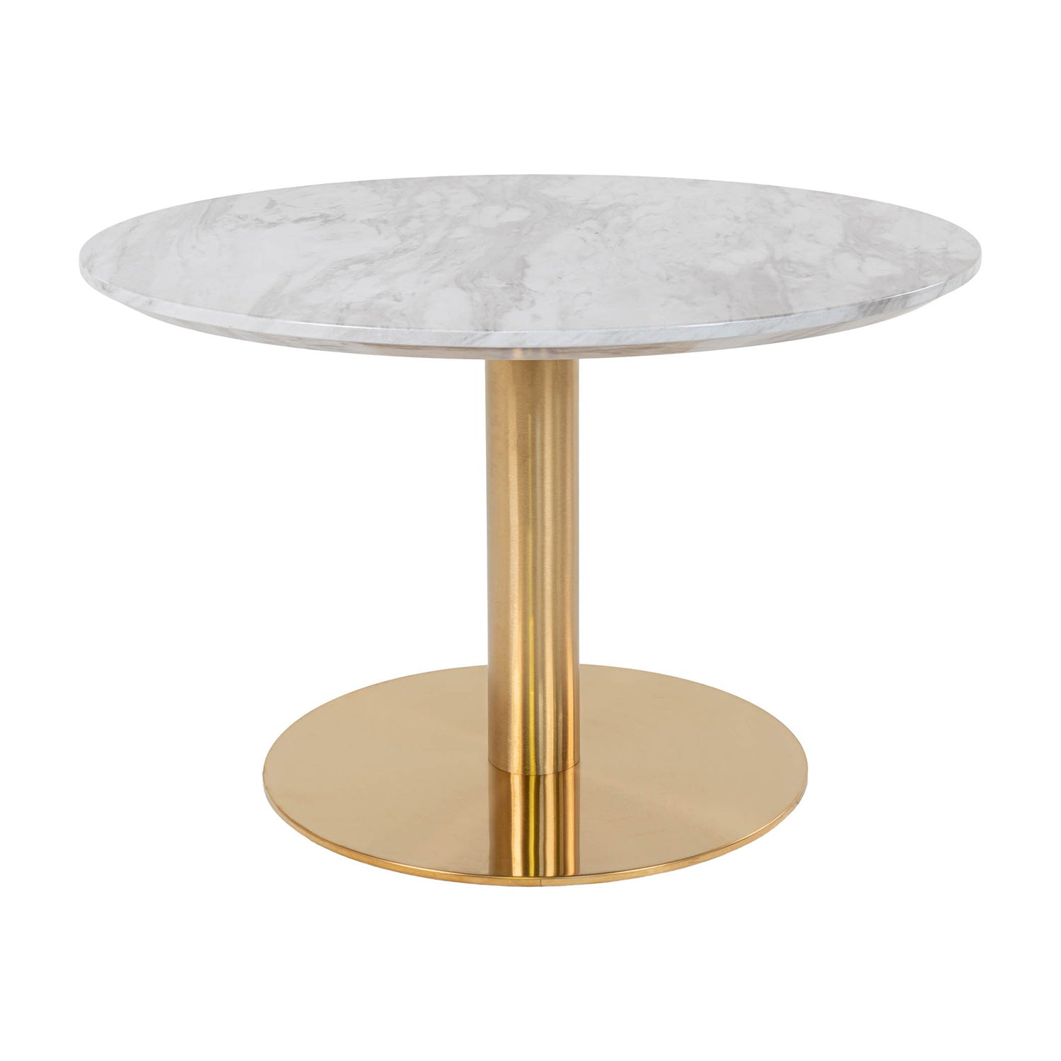 Ronde eettafel met wit marmeren blad en gouden metalen basis, elegant en modern design.