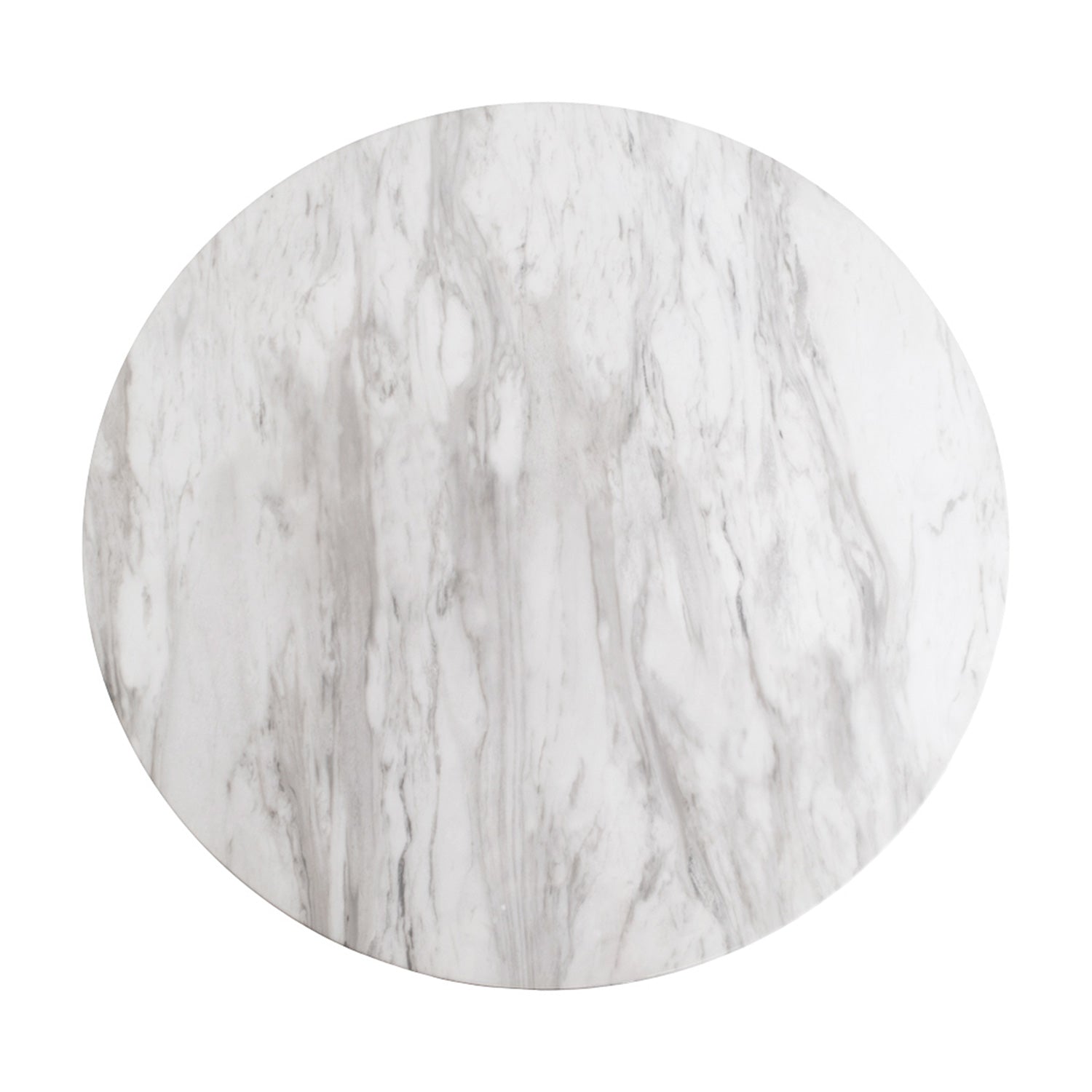 Rond wit marmeren tafelblad met subtiele grijze aders en een glad, gepolijst oppervlak.