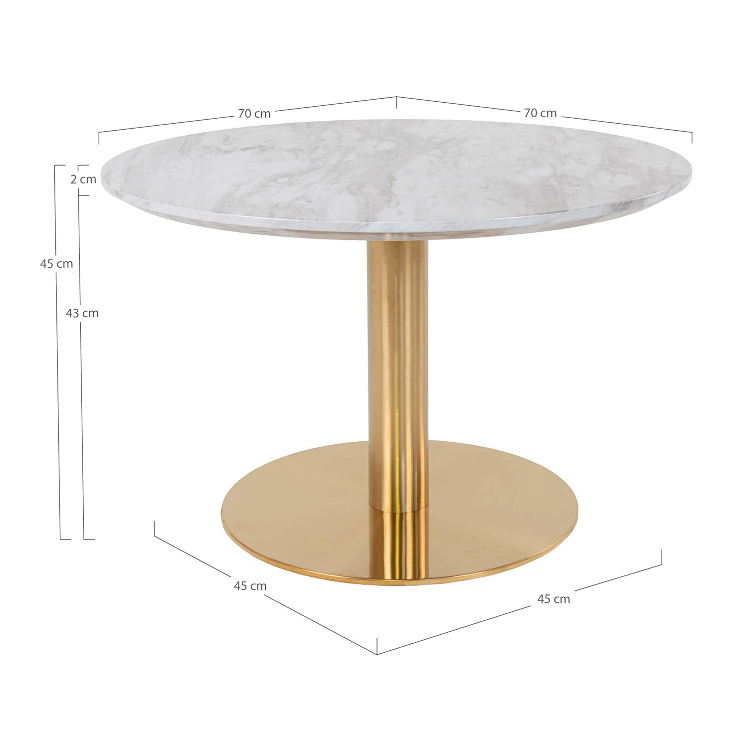 Ronde marmeren tafel met gouden basis, afmetingen: tafelblad 70 cm, hoogte 45 cm, voet 45 cm breed.