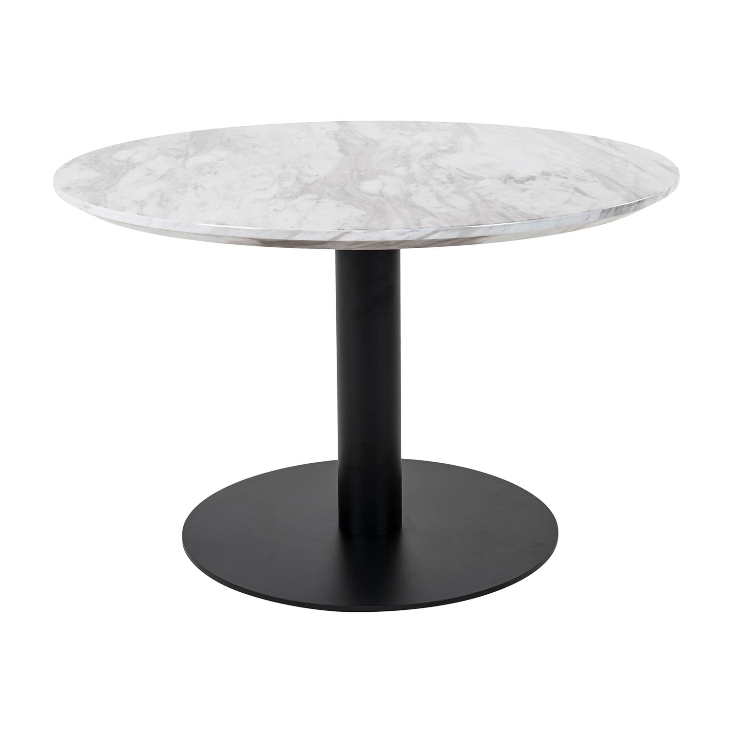 Ronde tafel met wit marmeren blad en zwarte metalen voet, modern en stijlvol in design.