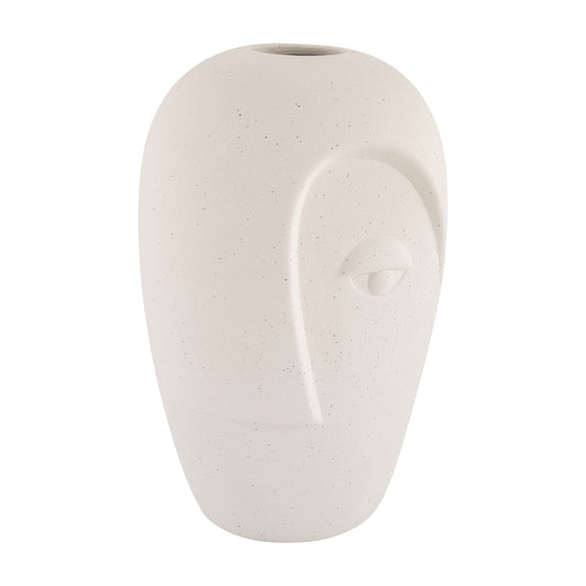 Minimalistische beige vaas met abstract gezicht, glanzend afgewerkt. Modern kunstobject met simplistische lijnen.