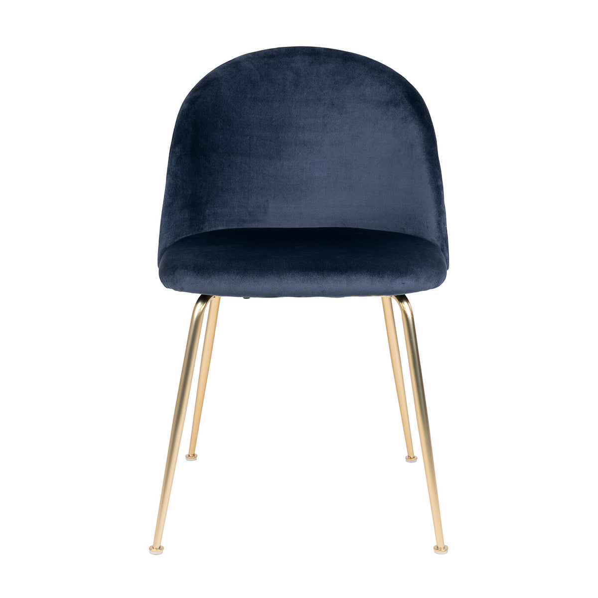 Fluweelzachte donkerblauwe stoel met gebogen rugleuning en slanke gouden metalen poten.