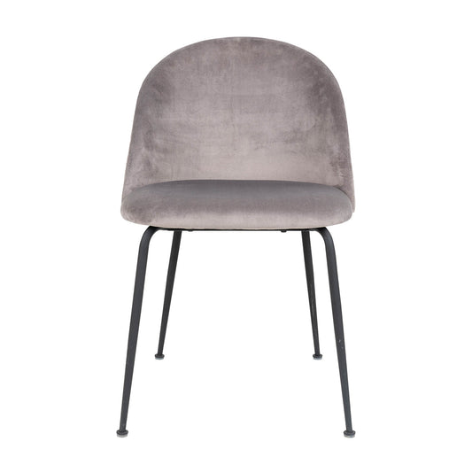 Grijze fluwelen stoel met ronde rugleuning en zwarte metalen poten, stijlvol en modern design.