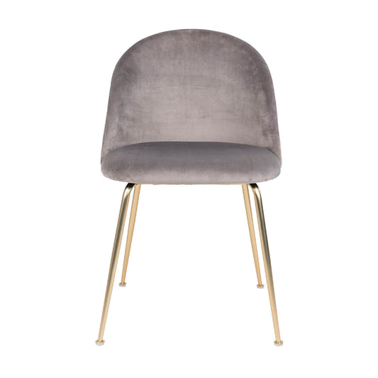 Grijze fluwelen stoel met rond rugleuning, slanke gouden poten en een moderne uitstraling.