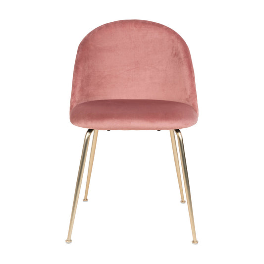 Roze fluwelen stoel met goudkleurige poten, elegant en modern design op witte achtergrond.