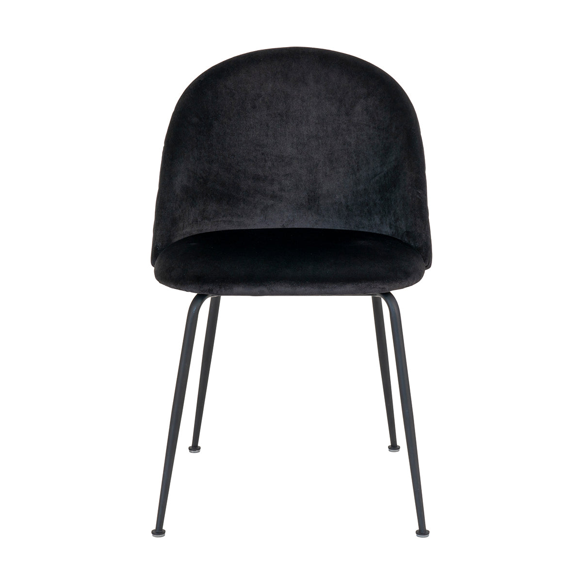 Zwarte fluwelen stoel met gebogen rugleuning en slanke metalen poten, minimalistisch en modern design.