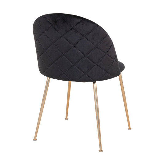 Elegante zwarte fluwelen stoel met geruit patroon en gouden metalen poten, modern ontwerp.
