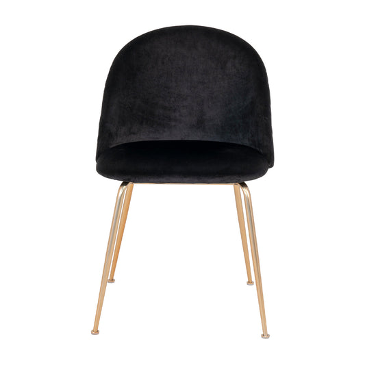 Zwarte fluwelen stoel met gebogen rugleuning, op slanke, goudkleurige metalen poten.