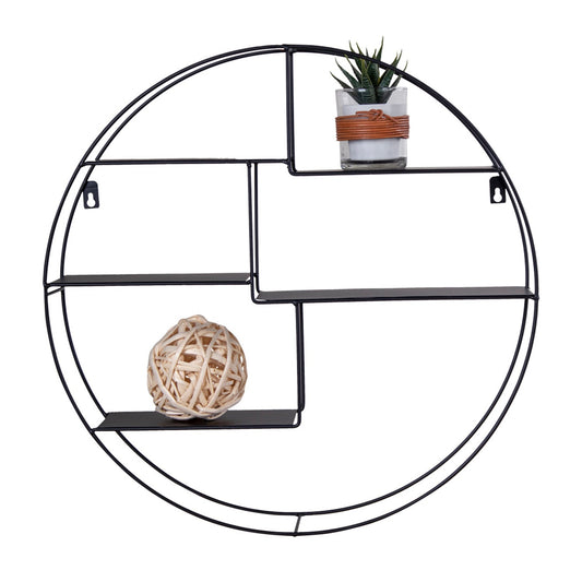Ronde metalen wandplank met strakke lijnen, houten decoratiebal en vetplantje in glazenpot met leren band.