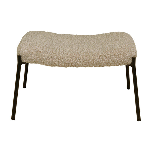 Beige poef met zachte bouclé bekleding en zwarte metalen poten, eigentijds en stijlvol ontworpen.
