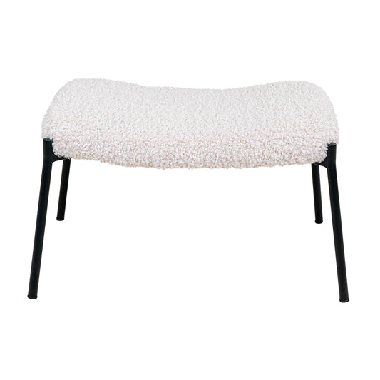 Witte pluchen kruk met zwart metalen poten, minimalistisch design en moderne uitstraling.