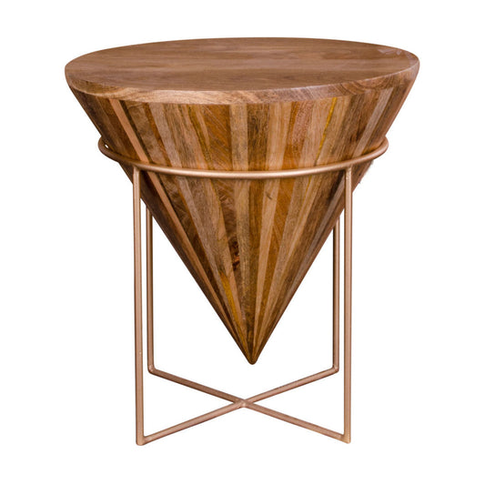 Conische houten bijzettafel met metalen basis in bronskleur, modern design met warme houttinten.