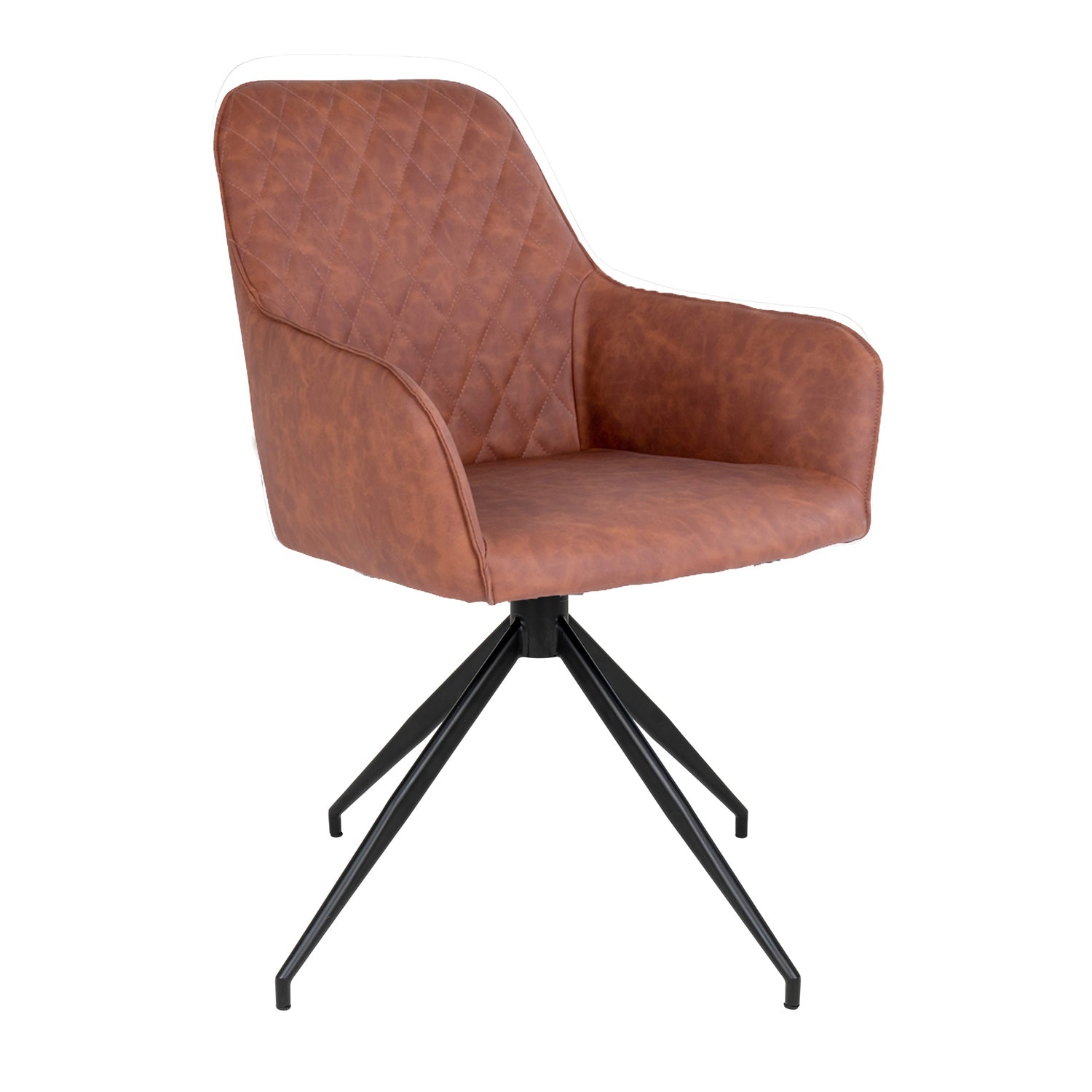 Bruine leren stoel met ruitvormig gestikt patroon en zwarte metalen poten, moderne uitstraling.