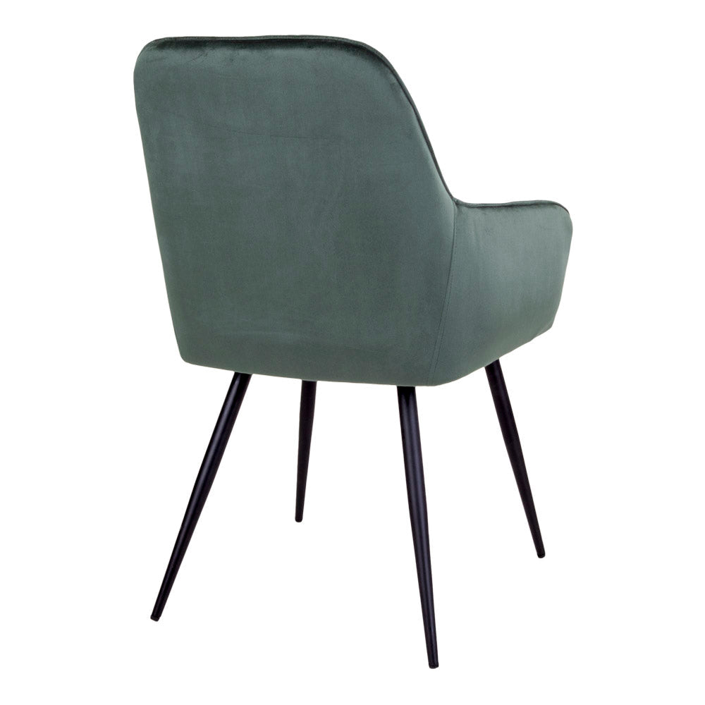 Groene fluwelen stoel met zwarte metalen poten en een moderne, stijlvolle uitstraling.