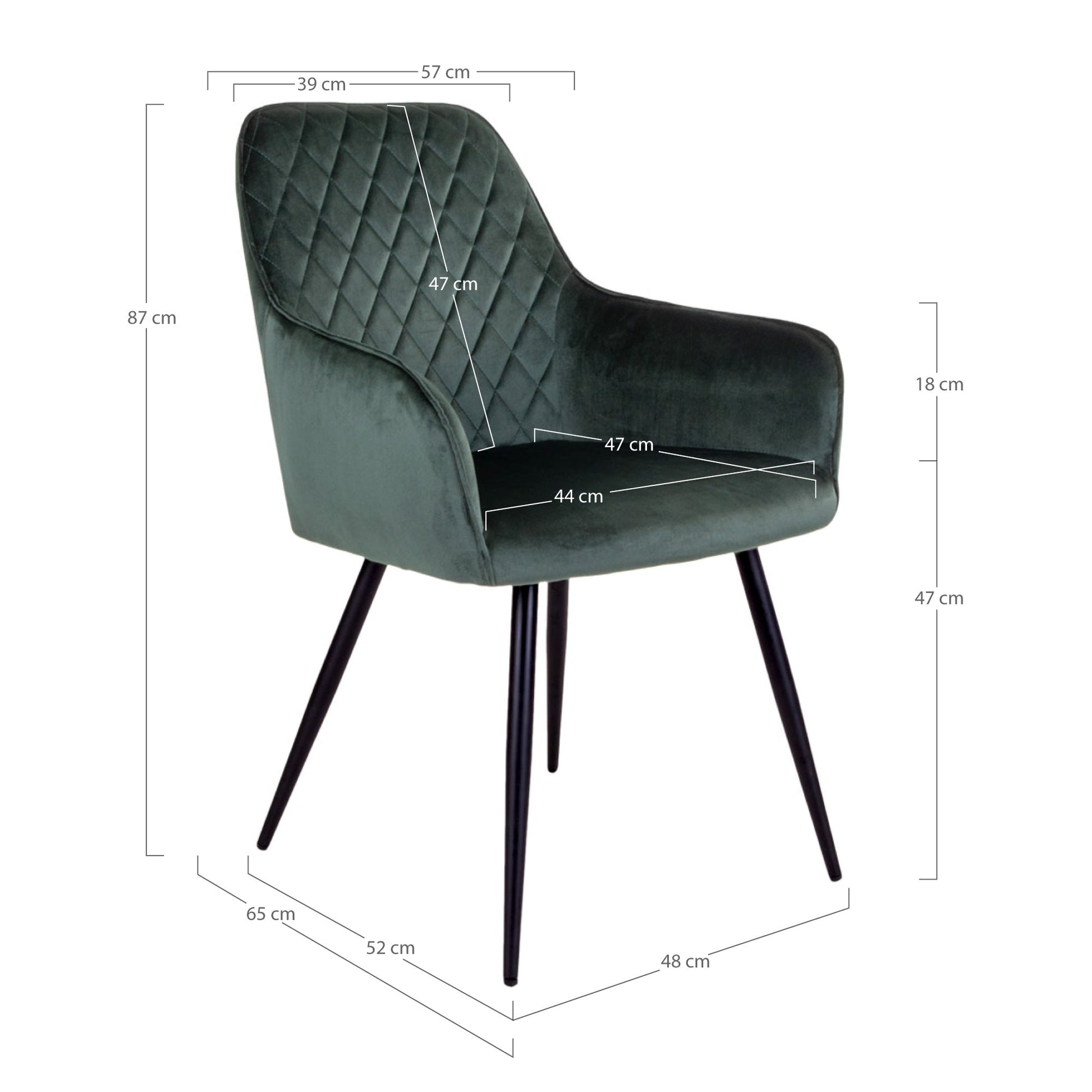 Groene velvet stoel met diamantpatroon, zwarte poten en afmetingen: 87x65x52 cm, zithoogte 47 cm.