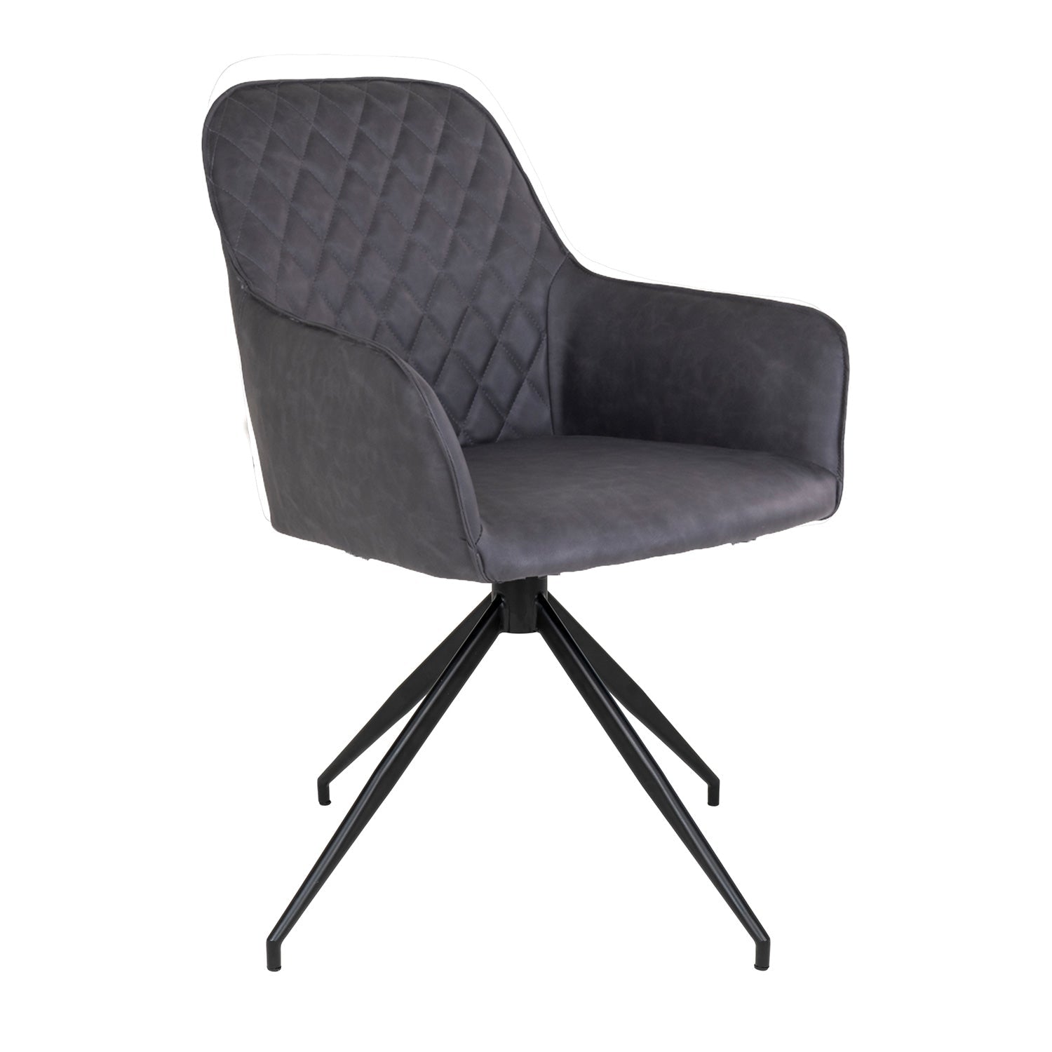 Donkergrijze moderne stoel met gewatteerde rugleuning en zwarte metalen poten tegen een witte achtergrond.