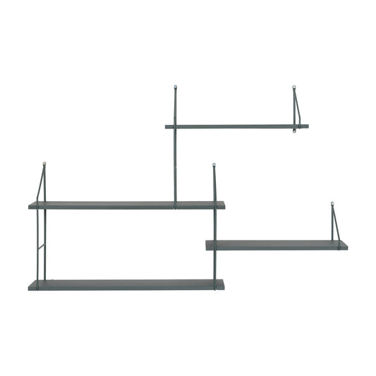 Minimalistische zwarte metalen wandplanken op witte achtergrond, geometrisch gerangschikt.