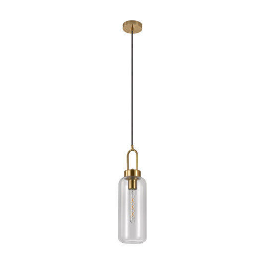 Transparante hanglamp met gouden details en een heldere, glazen cilindervorm, hangend aan een zwarte kabel.