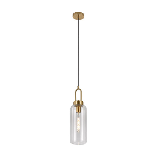 Moderne glazen hanglamp met gouden details en een slanke lichtbuis, hangend aan een dunne zwarte kabel.