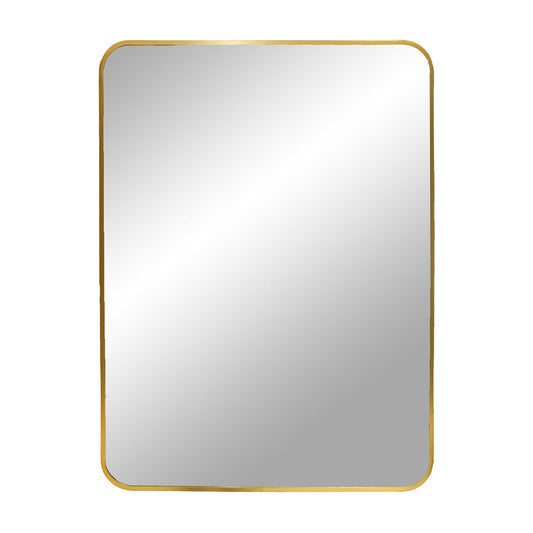 Rechthoekige spiegel met gouden rand en afgeronde hoeken, minimalistisch en elegant ontwerp.