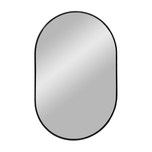 Ovale spiegel met een strakke zwarte rand, reflecterend oppervlak, geplaatst tegen een witte achtergrond.
