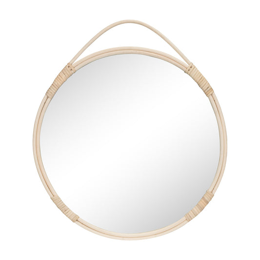 Rond spiegel met een natuurlijke rotan frame en een lus bovenaan om op te hangen, minimalistisch ontwerp.