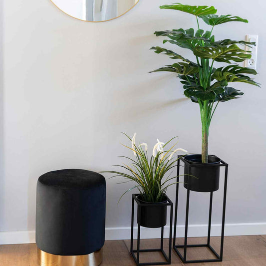 Zwarte kruk met gouden rand naast twee moderne planten in metalen potten tegen een lichte muur met spiegel.
