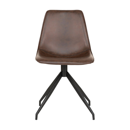 Bruine, leren stoel met moderne metalen poten in zwart, minimalistisch ontwerp en industriële uitstraling.