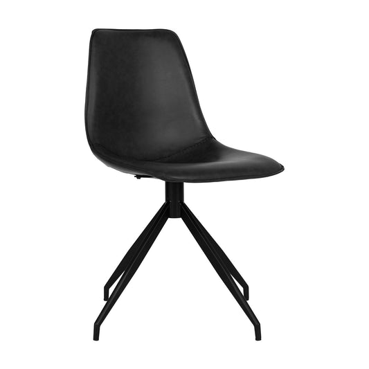 Zwarte, moderne kuipstoel met kunstleren bekleding en een metalen onderstel met vier poten in een strak design.