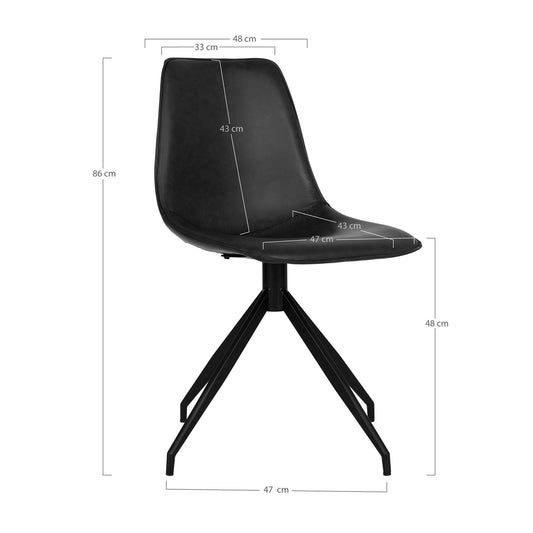 Zwarte stoel met industriële uitstraling, afmetingen in centimeters: 86 hoog, 48 breed, zitdiepte 47.