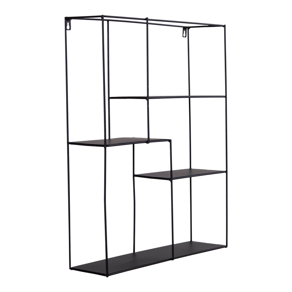 Zwarte metalen wandrek met asymmetrische planken en minimalistisch ontwerp, geschikt voor modern interieur.
