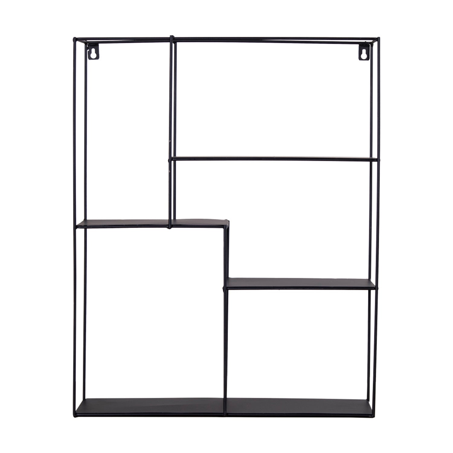 Zwarte metalen wandkast met asymmetrische planken, minimalistisch ontwerp tegen een witte achtergrond.