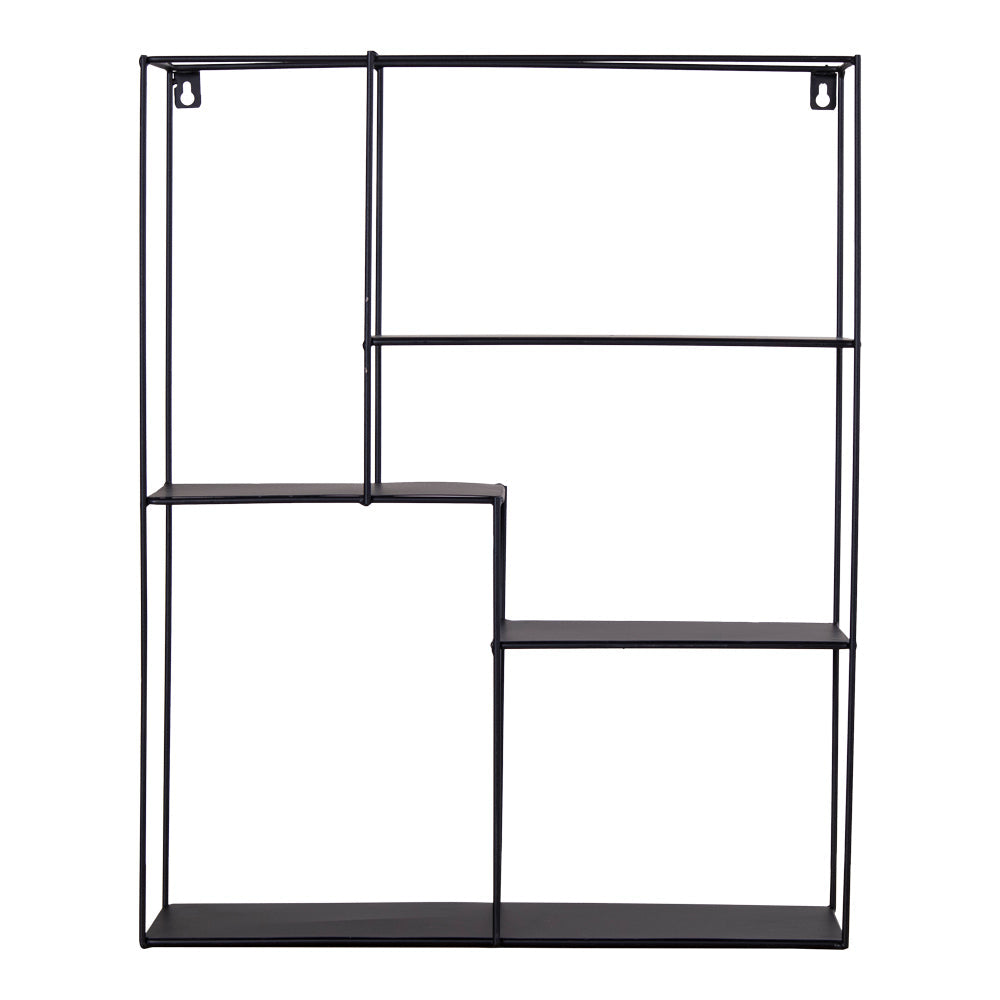 Zwarte metalen wandrek met een geometrisch ontwerp bestaande uit verschillende vakken en lijnen.