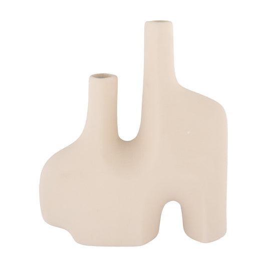 Beige keramische vaas met twee asymmetrische openingen en een moderne, minimalistische vormgeving.