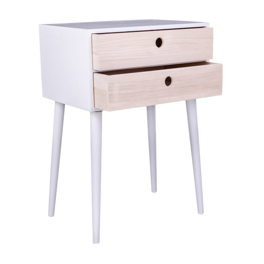 Wit houten nachtkastje met twee lades en ronde handgrepen, staand op slanke, rechthoekige poten.