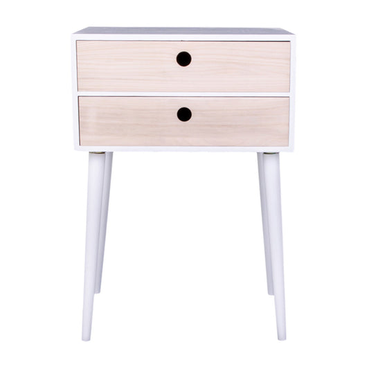 Modern wit nachtkastje met twee houtnerf-lades en witte poten, minimalistisch ontwerp.
