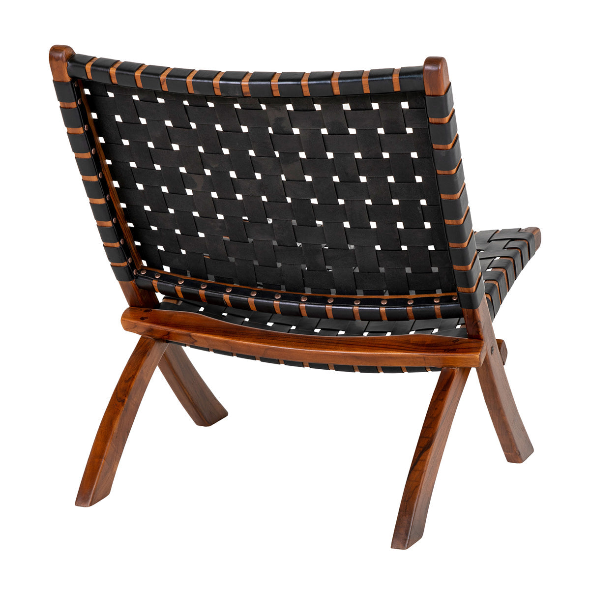 Achteraanzicht van een houten stoel met zwart gevlochten leren zitting en rugleuning, elegante en moderne stijl.