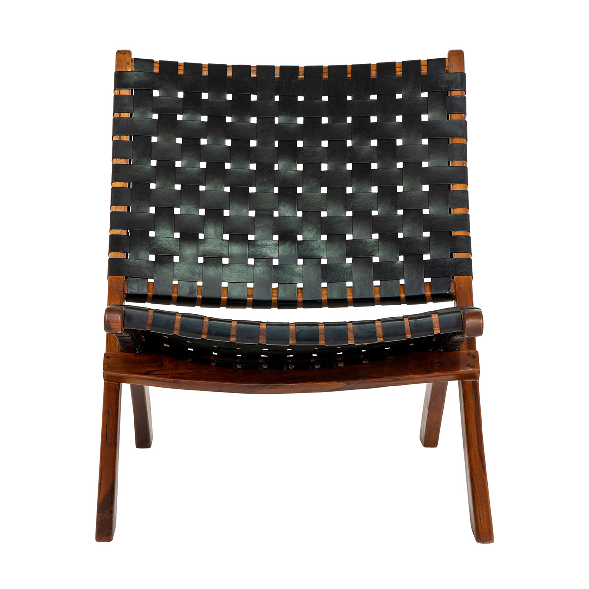 Houten stoel met een strak gevlochten zwart lederen zitting, minimalistisch en modern van ontwerp.