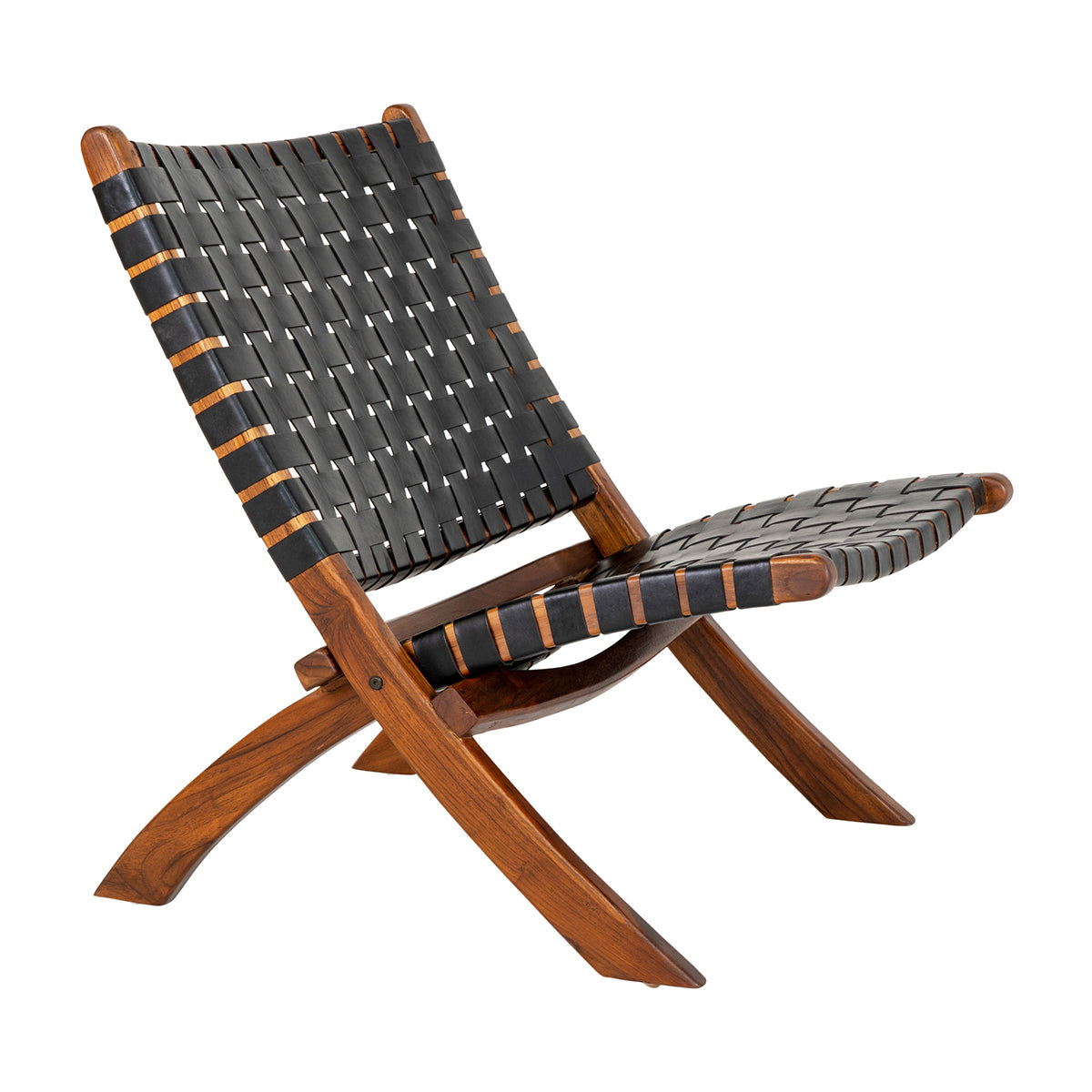 Stijlvolle houten stoel met zwart gevlochten zitting en rugleuning, eigentijds ontwerp en warme uitstraling.