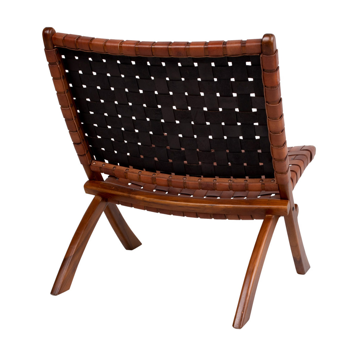Houten stoel met geweven rugleuning van zwart leer. Tijdloos design en warme houtkleur zorgen voor elegante uitstraling.