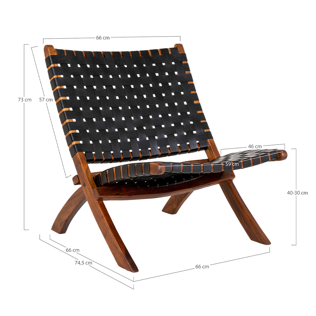 Moderne houten stoel met zwart geweven zitting, verschillende afmetingen aangegeven in centimeters.